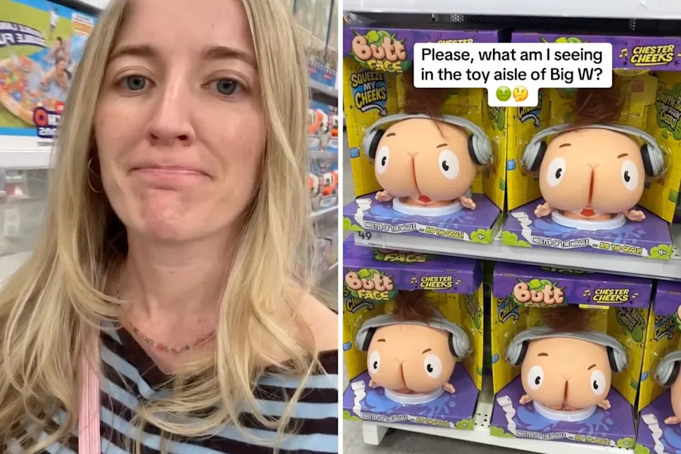 Photo of Lauren's concerned face and the toy in question, which is a character with a "butt face" wearing headphones.