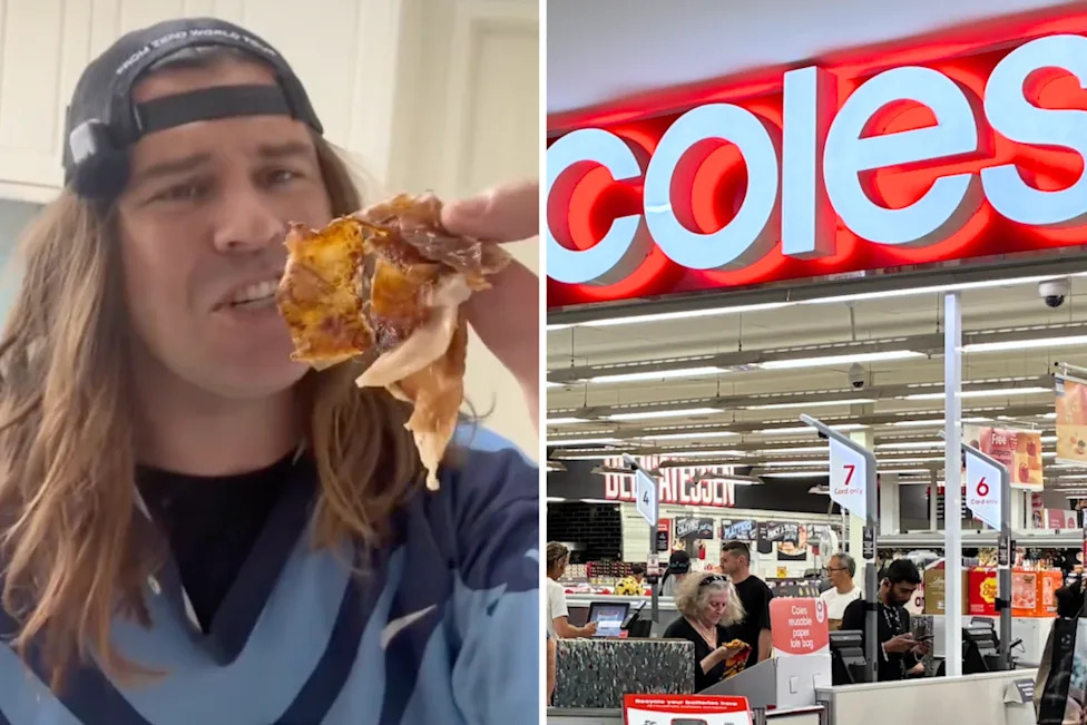 Man eating chicken next to a Coles entrance