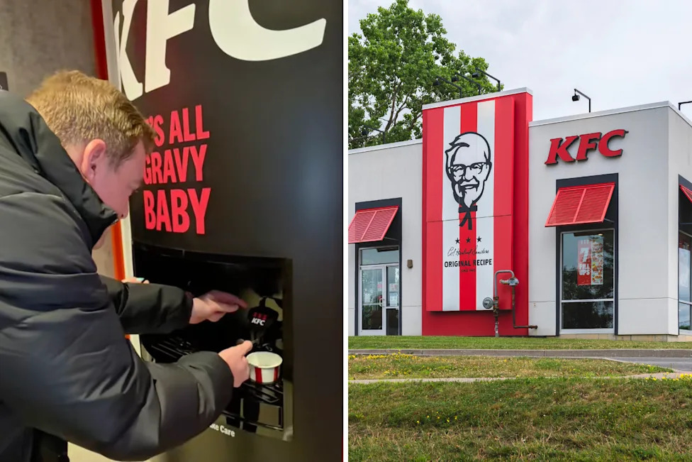 A man using the KFC tap pictured next to a KFC store.