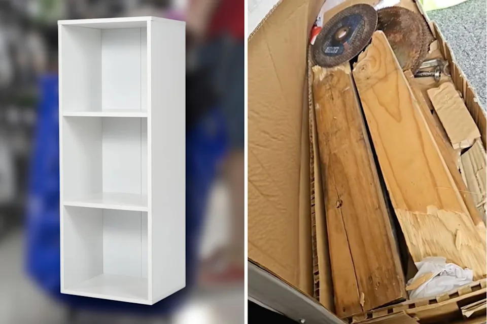 A three-tiered shelf next to a box with wood