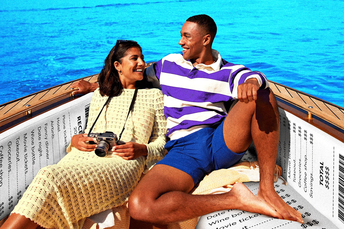 Smiling couple relaxing on the deck of a boat overlaid on oversized printed receipts, with the woman holding a camera and the man in a purple-and-white striped rugby shirt against a bright blue ocean backdrop
