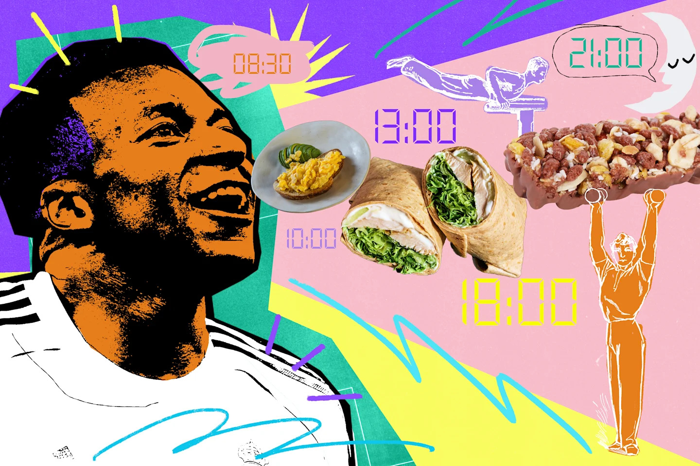 Stylized collage of a smiling soccer player beside foods including scrambled eggs, a chicken wrap, and a nut-covered snack bar, with digital times (06:30, 10:00, 12:00, 18:00, 21:00), exercise illustrations, and colorful abstract graphics