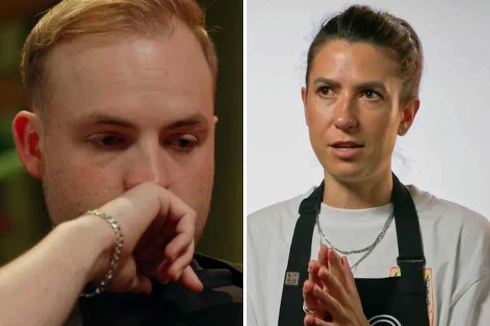 Casper pictured stressed after presenting his dish picture next to Alyona who is talking to the camera.