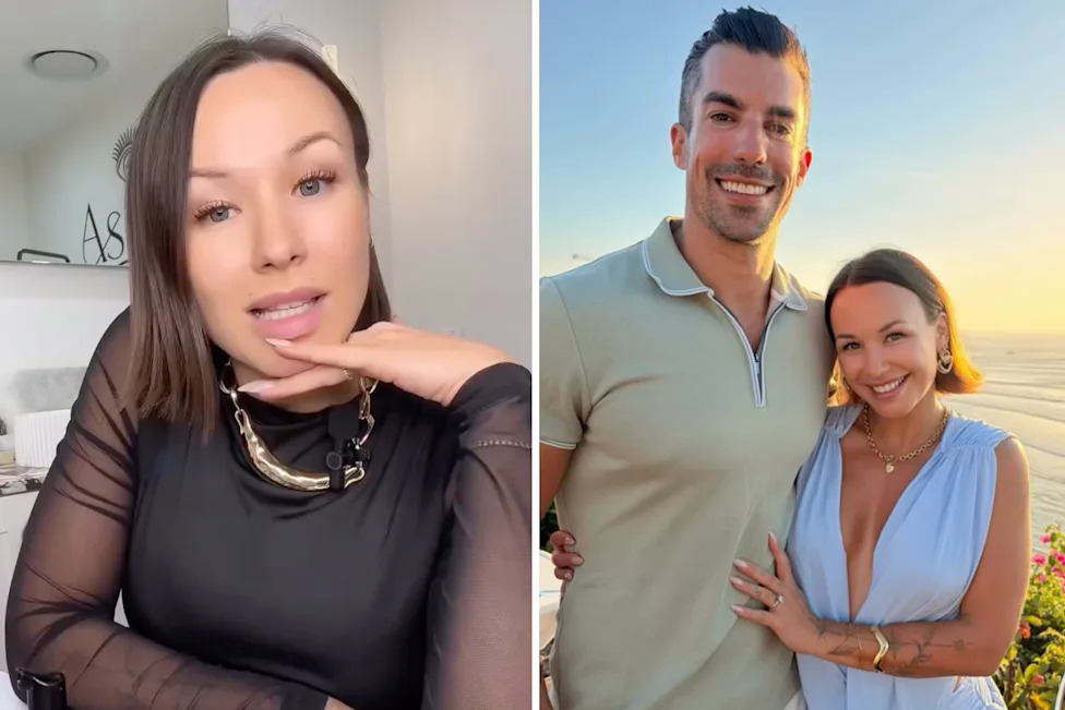 Stella speaking to the camera next to a photo of her and Filip