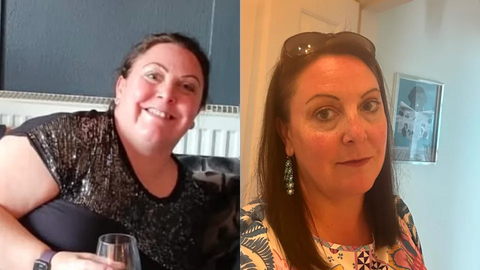 Kristabelle Jones an image of her wearing a black top and holding a glass of wine on the left and on the right stood taking a selfie with sunglasses on her head. She appears as though she is slimmer in the image on the right.
