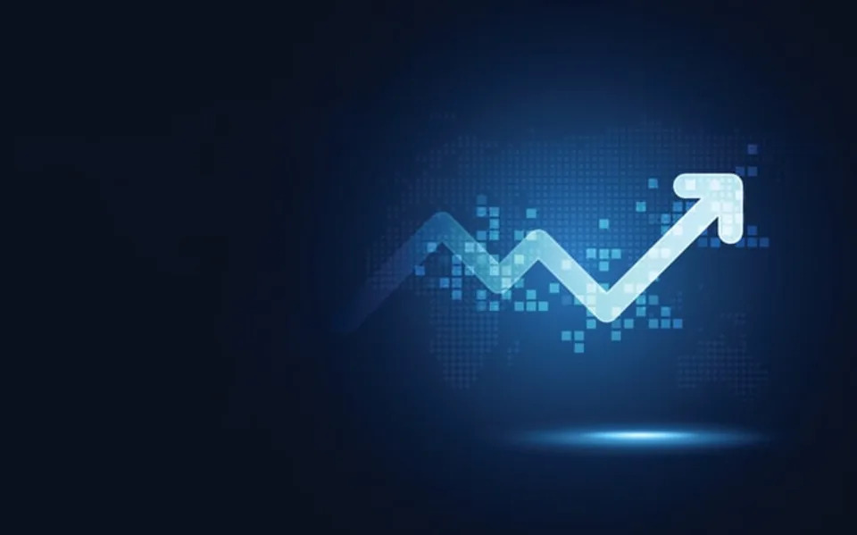 A chart showing a stock price rising.