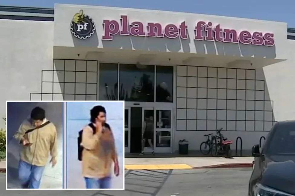 An image collage containing 2 images, Image 1 shows The storefront of a Planet Fitness gym with a person entering the gym and a parked car, Image 2 shows Collage of two images of a man in a beige jacket and jeans, holding a phone in one image and with a backpack in the other