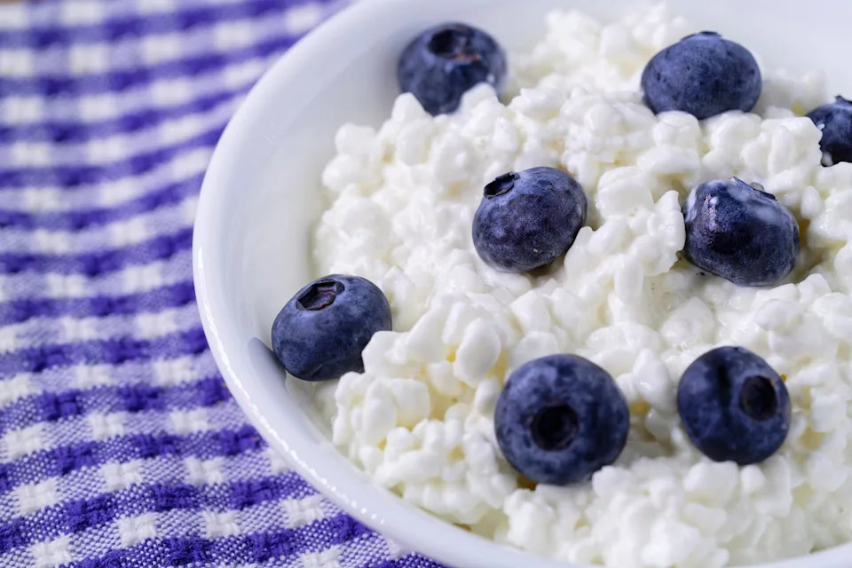 Bowl of cottage cheese topped with fresh blueberries on a blue-and-white checkered cloth. The high-protein snack combines protein-rich dairy and fiber-rich fruit, making it a nutrient-dense option that can help support sustained energy levels throughout the day.