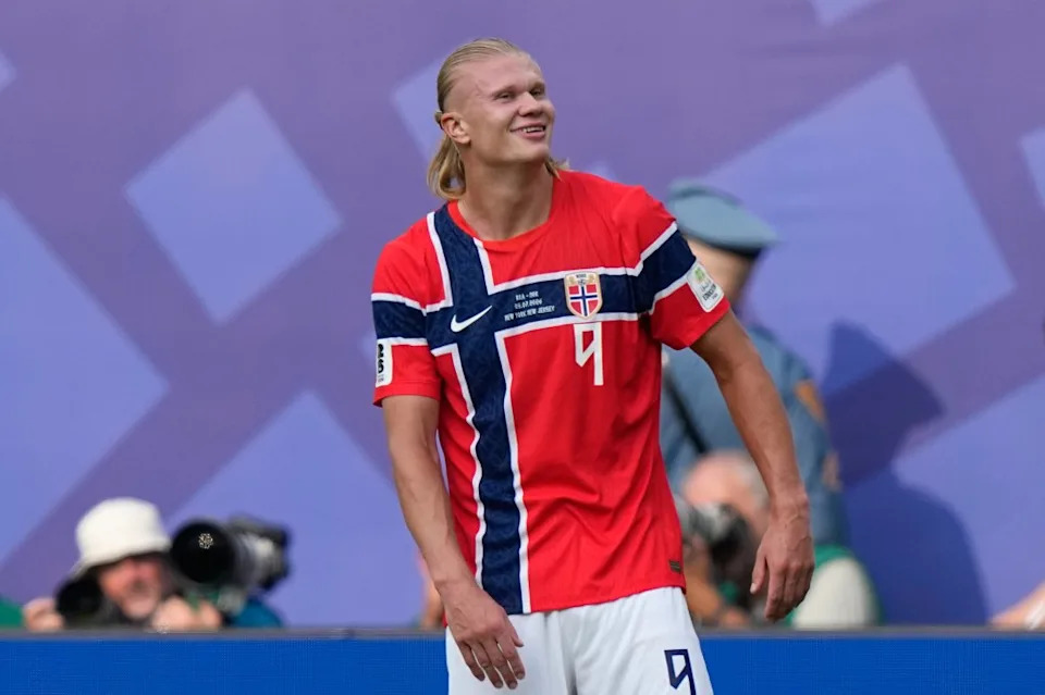 Erling Haaland smiles after a Norway World Cup game. AP Photo/Frank Franklin II