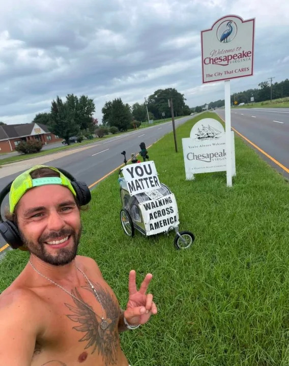 Florida man walking across country to raise awareness about mental health makes stop in Hampton Roads Florida man walking across country to raise awareness about mental health makes stop in Hampton Roads