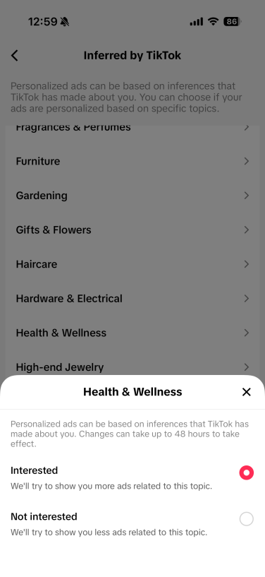 Screenshot of a lost of "inferred" ad topics created by TikTok. It is highlighting "Health & Wellness" and the button selected reads "interested."