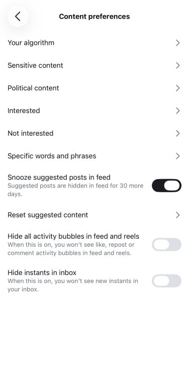 A screenshot of the content preferences settings on Instagram. About halfway down the page, a setting reads "snooze suggested posts in feed." It is toggled on.