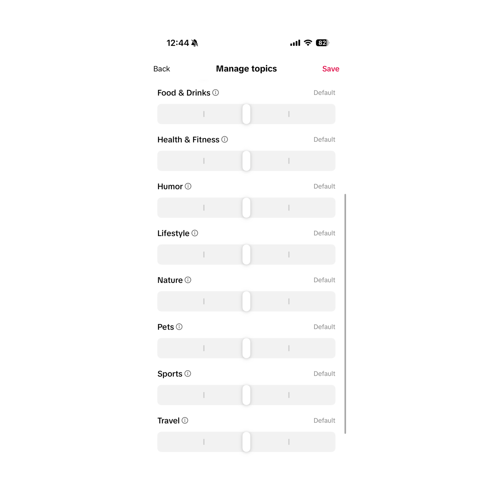 The "manage topics" menu in TikTok account settings. It features a list of topics each with a sliding tool. The sliders for each topic are set to the middle of the scale.