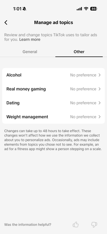 Screenshot of the "Manage ad topics" menu in TikTok settins. It listed four topics, the last of which is "weight management." It is set to "no preference."
