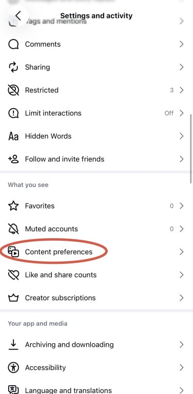 TikTok settings and activity menu. About halfway down the page the option for "content preferences" is circled in red.