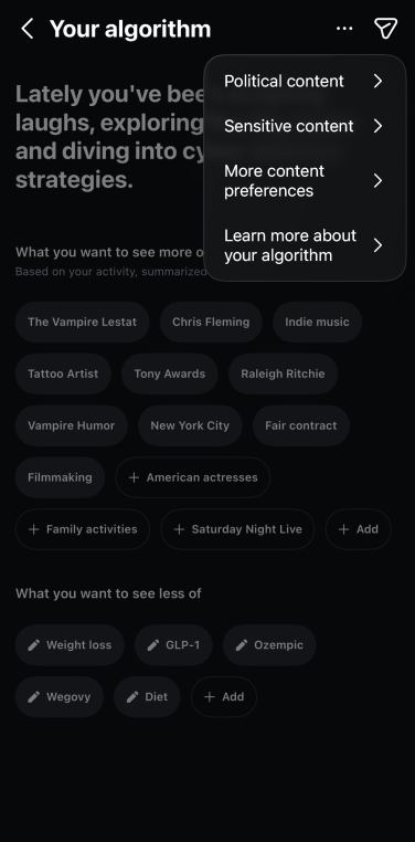 A screenshot of Instagram's algorithm page. It shows a variety of content topics currently informing a user's algorithm feed. Below it are restricted topics chosen by the user.