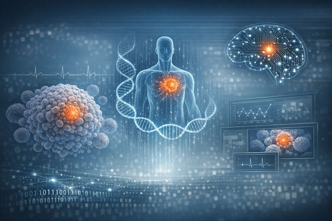 Abstract digital illustration in cool blue tones representing AI-driven cancer research. At center, a semi-transparent human outline is overlaid with a glowing tumor-like focal point in the chest, connected to a DNA strand. Surrounding elements include a stylized brain-shaped circuit diagram, cellular tumor structures, and simplified data charts, all set against a soft grid of binary code and blurred data points, conveying big data analysis and biomedical research in a clean, subdued composition.