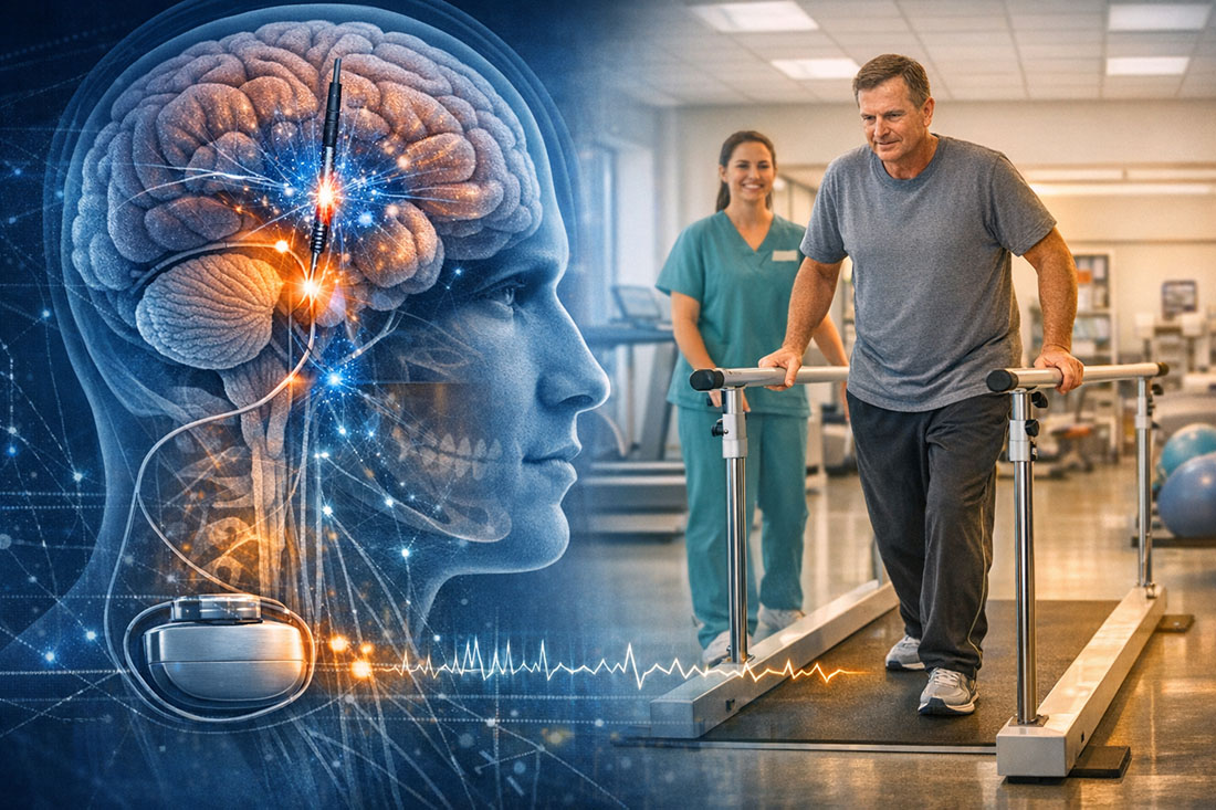 Conceptual illustration showing a deep brain stimulation device and electrode targeting a brain region involved in walking, paired with a patient practicing assisted walking on parallel bars in a medical rehabilitation facility, with a clinician nearby and clinical equipment in the background.