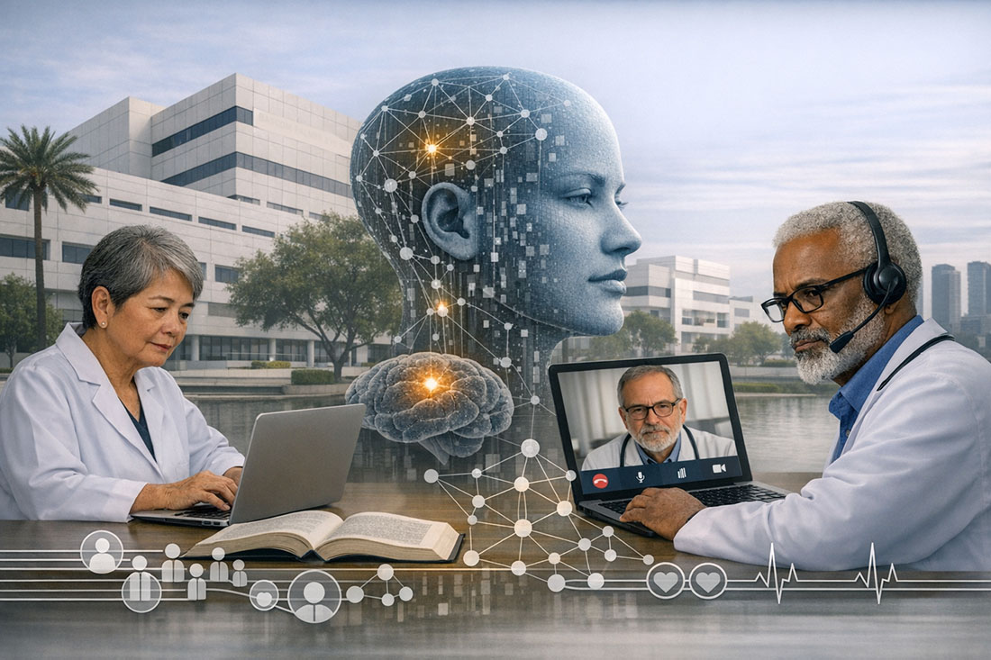 Two physicians work on laptops in a clinical setting with digital visual elements representing artificial intelligence and telemedicine layered into an academic medical campus background.