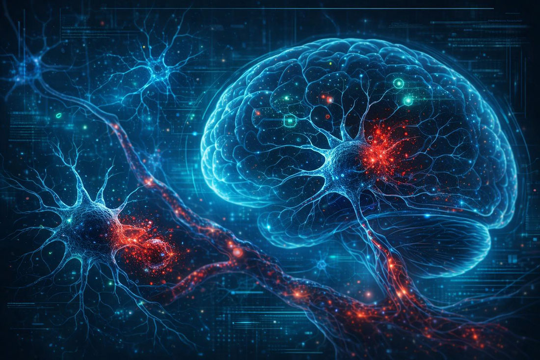 A digital illustration of the human brain and surrounding neurons shown in glowing blue tones. Bright red clusters highlight areas of neural activity or inflammation. The background includes faint circuit‑like patterns, giving the image a high‑tech, scientific appearance.