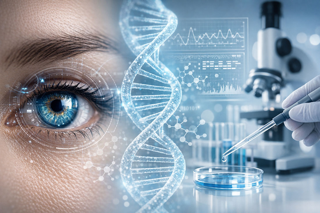 Photorealistic, high‑tech illustration combining a detailed human eye with a glowing DNA double helix, laboratory instruments, and digital data overlays, symbolizing advanced genetic research and vision science in a clean, modern scientific setting.
