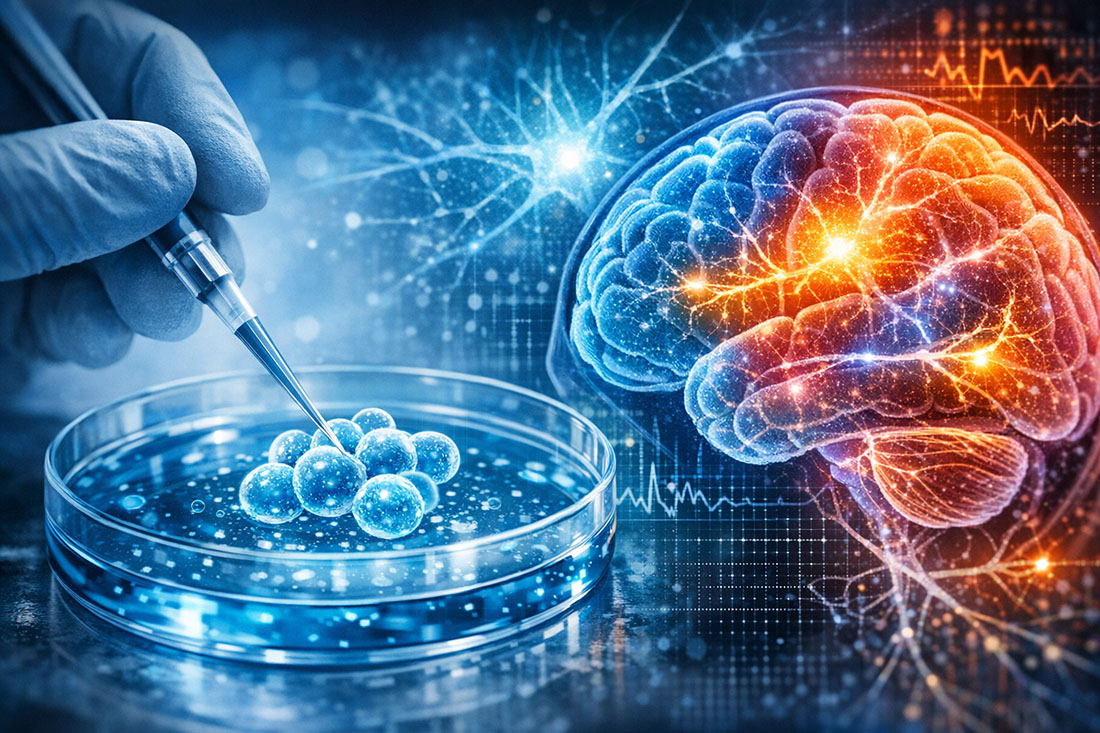 Scientist using a pipette to extract spherical cell clusters from a petri dish in a laboratory, alongside a digitally rendered brain with highlighted neural pathways and waveform graphics representing brain activity.