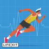 An illustration depicts an older adult male with white hair and a full beard, wearing glasses, a yellow tank top, black running shorts, red tennis shoes, and a black sweat band, caught mid-stride a running posture. In the background, a blue grid is overlaid with an EKG graph.