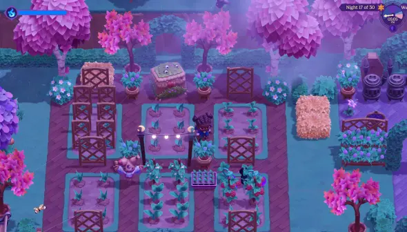 Moonlight Peaks gameplay screenshot. A character tends a garden under purple trees. Night setting with crops and fences.