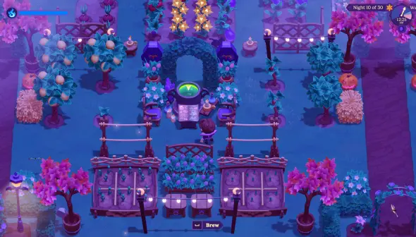 Moonlight Peaks: A top-down view of a moonlit farm with vibrant purple and blue hues. Crops and trees are visible, and the player is near the crafting station.