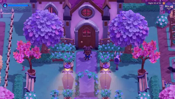 A nighttime scene from Moonlight Peaks. A character stands before a purple-hued building with trees and decorative plants.