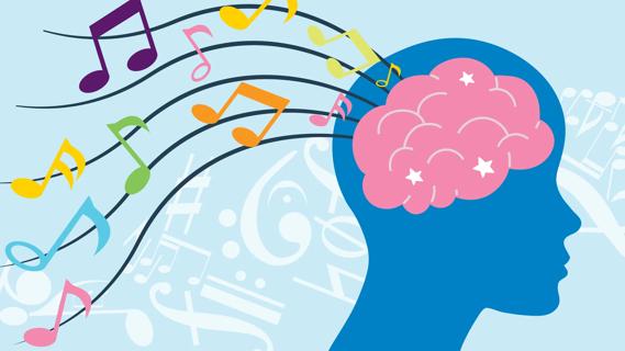 Silhouette with brain, with colorful music notes, positively affecting the brain