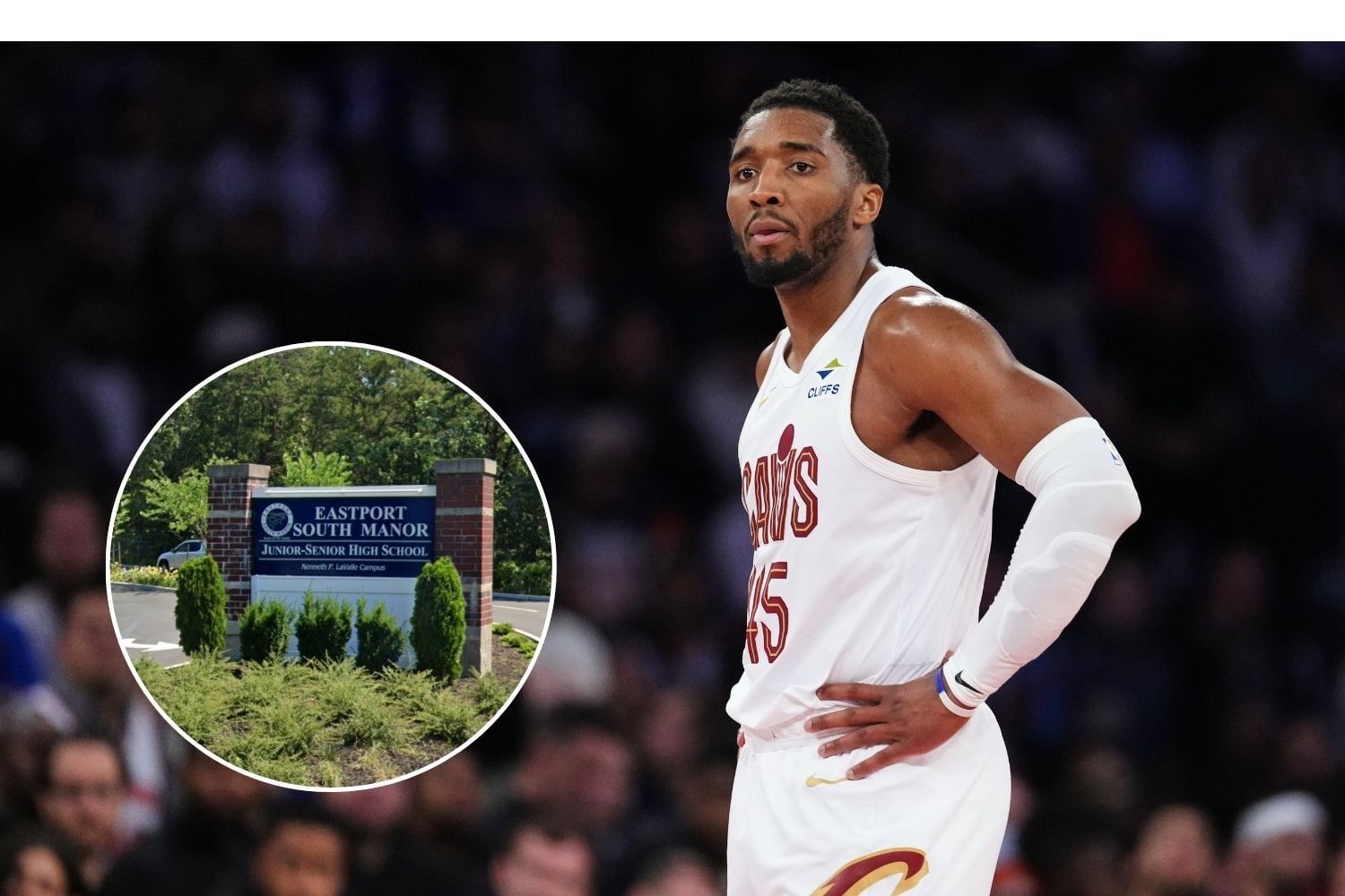 Donovan Mitchell during a playoff game against the knicks; inset photo of ESM HS entrance.