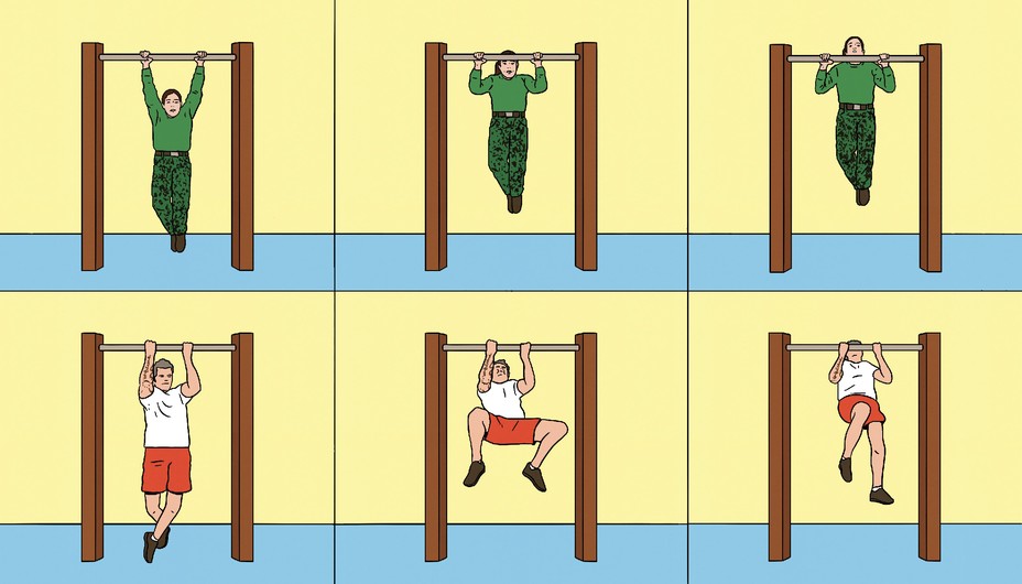 a cartoon illustration of a Marine Corps officer demonstrating proper pull-up form across three frames of the top row; beneath, Pete Hegseth performing a pull-up improperly