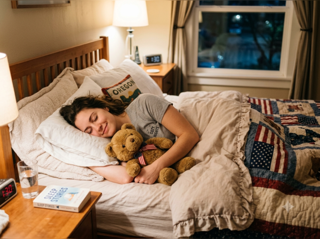 Psychology says adults who like to sleep with a teddy aren't emotionally immature, as comfort objects can help people feel safe, relaxed, and emotionally supported during sleep. AI generated image