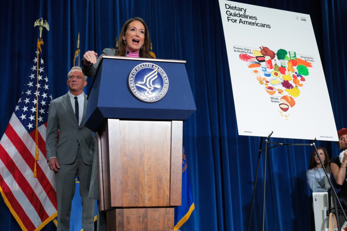 WASHINGTON, DC - JANUARY 08: U.S. Secretary of Agriculture Brooke Rollins speaks as U.S. Secretary of Health and Human Services Robert F. Kennedy Jr. (L) looks on during a policy announcement event at the U.S. Department of Health and Human Services on January 8, 2026 in Washington, DC. The Trump administration announced new dietary guidelines on Wednesday including an emphasis on proteins and full-fat dairy, and limits on processed foods. (Photo by Anna Moneymaker/Getty Images)