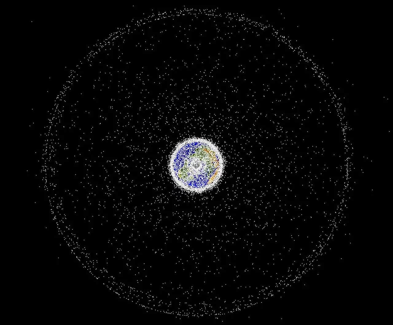 The GEO Polar images are generated from a vantage point above the north pole, showing the concentrations of satellites in LEO and in the ring-like geosynchronous region.