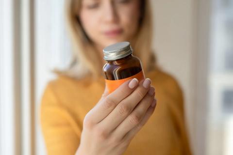 Person holding up a bottle of supplements, reading the label