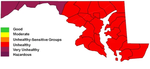 Map of Maryland air quality by county. Most of the state, including central and eastern Maryland, is shaded red for 'Unhealthy' air quality. The western panhandle counties are shaded dark magenta for 'Very Unhealthy' air quality. A legend in the bottom left shows six air quality categories ranging from green (Good) to dark purple (Hazardous).