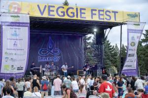 Musicians perform on the main stage at Veggie Fest Chicago as attendees gather to enjoy live music, food, and wellness activities.