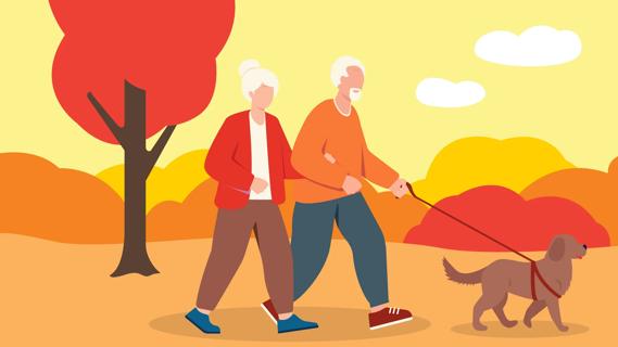 An older couple walking their dog outside
