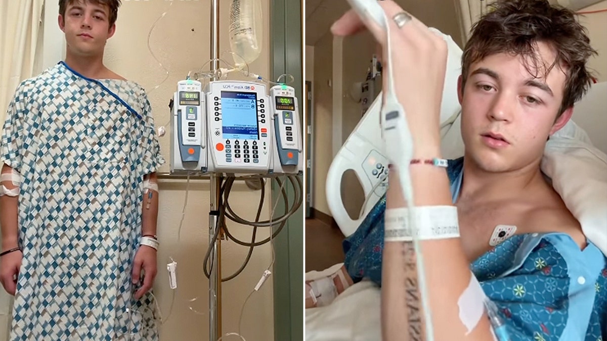 Waylon Wyatt stands in a hospital room wearing a medical gown beside an IV pole in one image and lies in a hospital bed in the other.