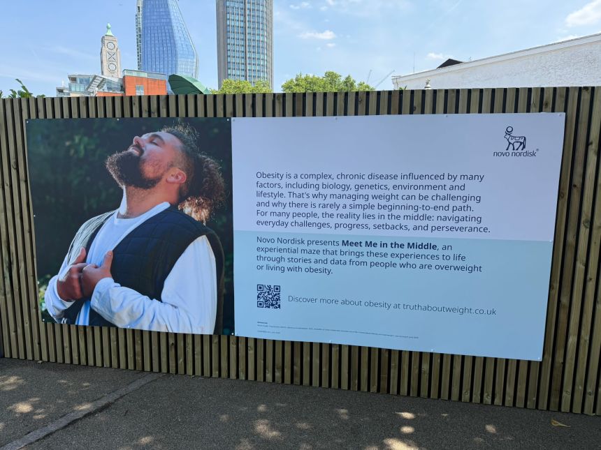 An information board on the outside of Novo Nordisk's obesity exhibition in London, July 2026.