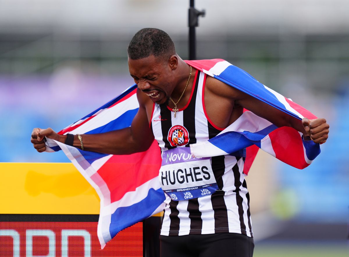 Zharnel Hughes celebrates a win at the 2026 European Athletics Championships in Birmingham