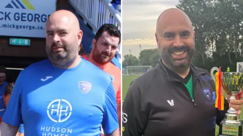 Supplied Two photos of Mark Hall. On the left he is walking onto a football pitch wearing a blue football kit. On the right he is smiling straight at the camera, holding a trophy ad wearing a black jumper over a green football top.
