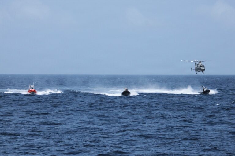 U.S. Coast Guard and partner nations conduct a pursuit exercise at sea during PANAMAX 2026