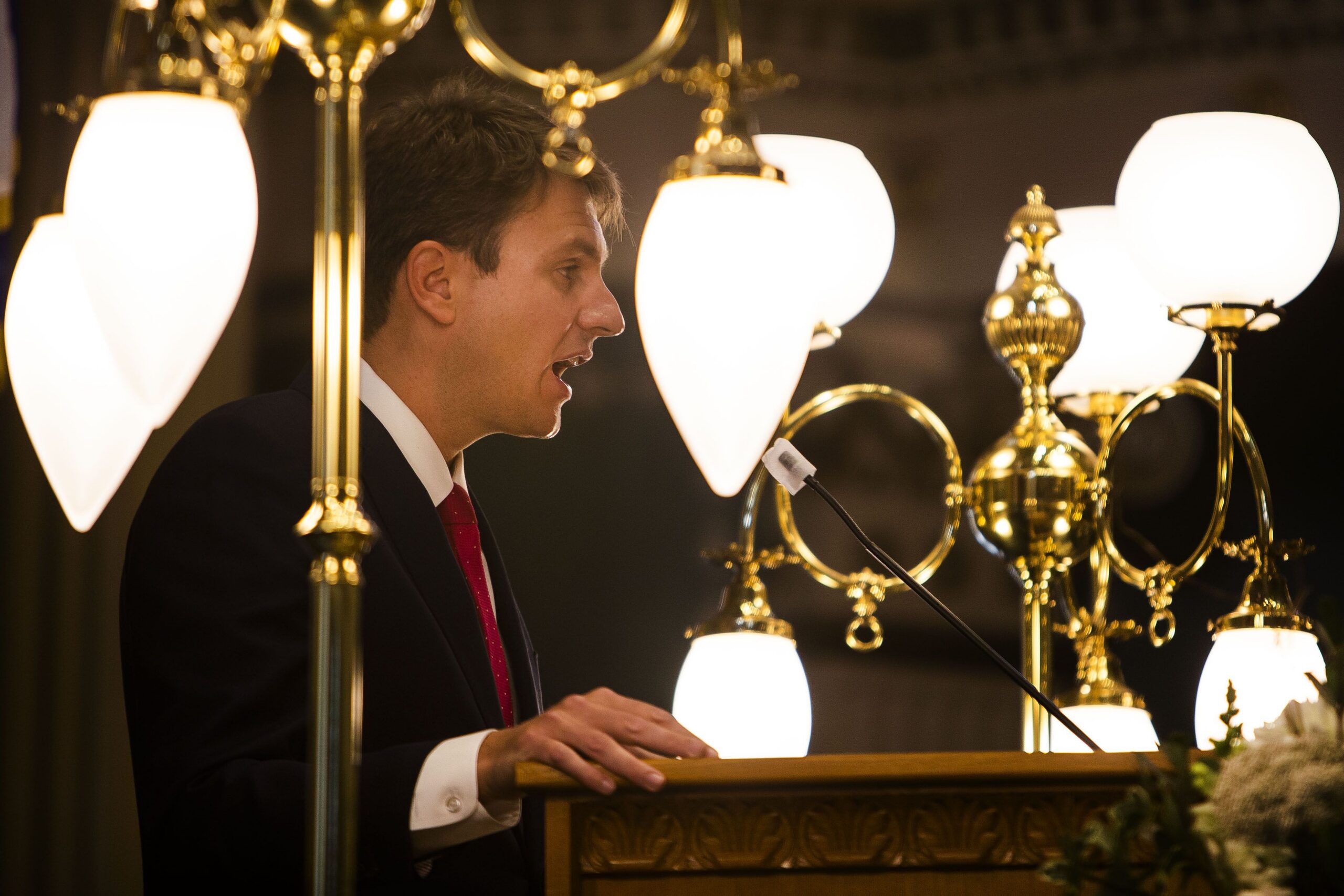 Speaker of the House Rep. Alec Garnett gives a speech during the first day of Colorado's 2022 session at the Colorado state Capitol building on Wednesday, Jan. 12, 2022, in Denver, Colo. (Timothy Hurst, The Denver Gazette)