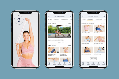 the sculpt society interface on phones on background