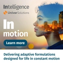 Univar Solutions “Intelligence in motion” ad with woman’s profile overlaid with city skyline at sunset and “Learn more” button.
