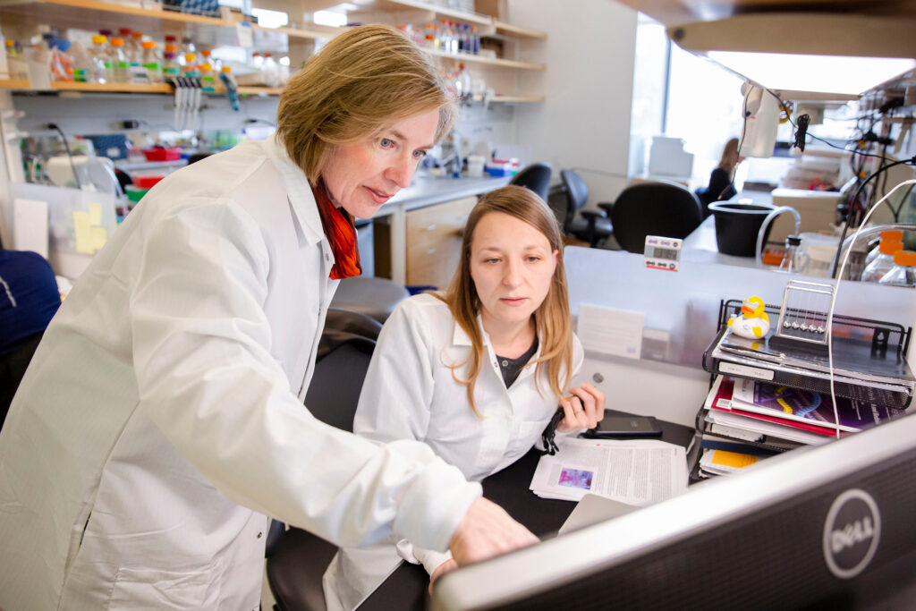 Jennifer Doudna works with her students in her biochemistry lab at the Innovative Genomics Institute at UC Berkeley.