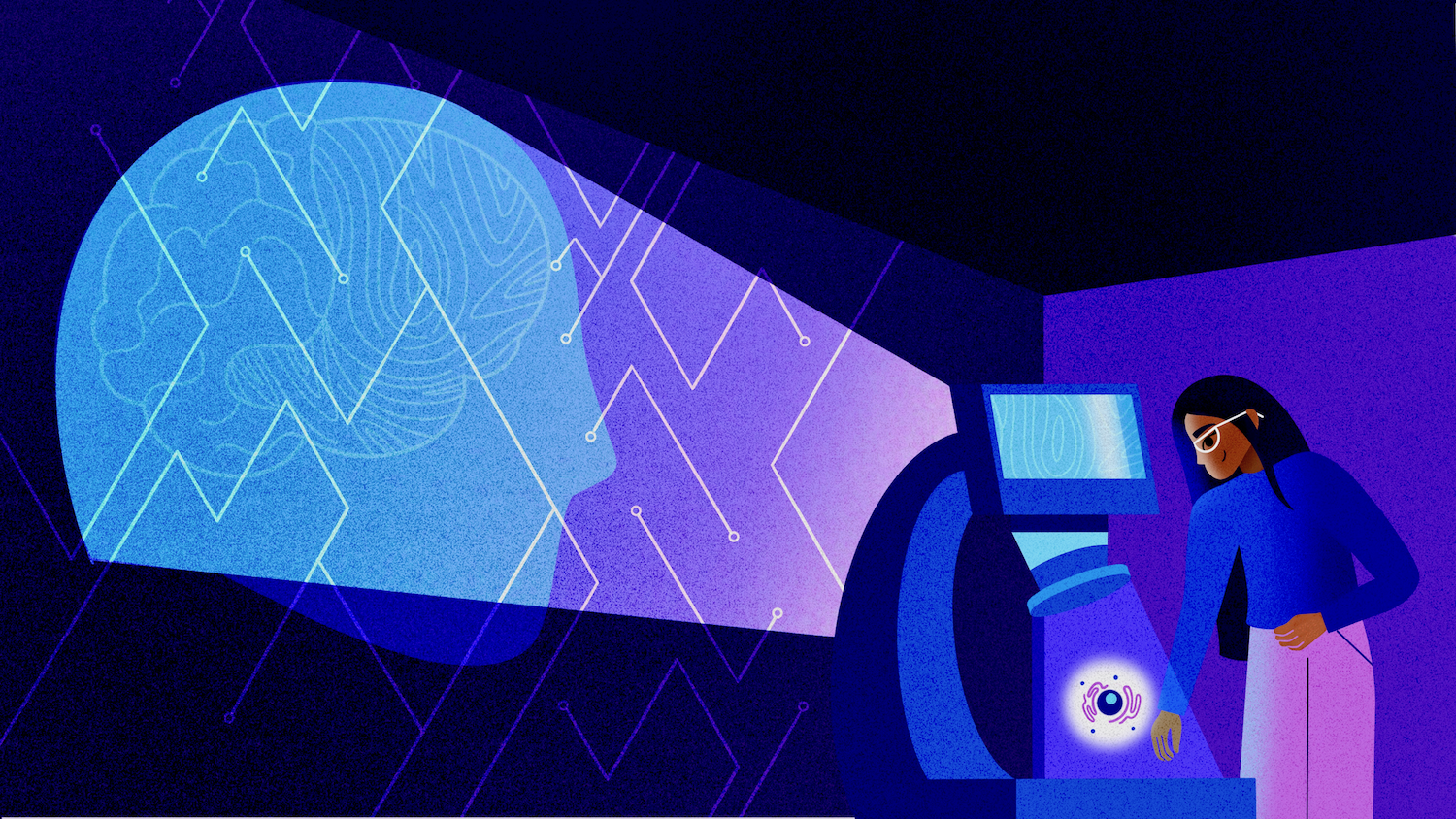 Illustration of a person analyzing brain cells in a Lab. The machine projects an image of another person's brain on the screen.